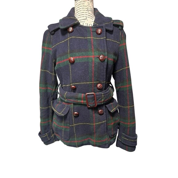 American Eagle AE Pea Coat Womens Small Navy Blue Plaid Button Jacket Wool Blend - Picture 1 of 9